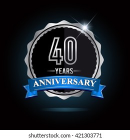 40th Anniversary Logo With Blue Ribbon And Silver Shiny Badge, Vector Design For Birthday Celebration