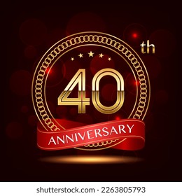 40th Anniversary logo design with golden number and red ribbon for anniversary celebration event, invitation, wedding, greeting card, banner, poster, flyer, brochure, book cover. Logo Vector Template