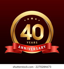 40th Anniversary logo design with golden ring and red ribbon. Logo Vector Template Illustration