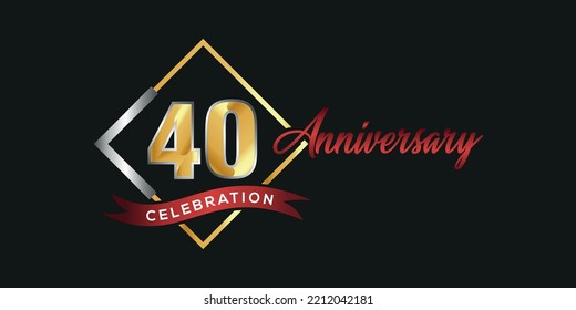 40th anniversary logo with golden and silver box, confetti and red ribbon isolated on elegant black background, vector design for greeting card and invitation card
