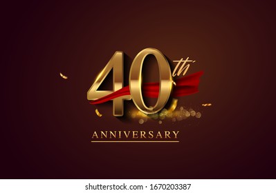 40th anniversary logo with red ribbon and golden confetti isolated on elegant background, sparkle, vector design for greeting card and invitation card.