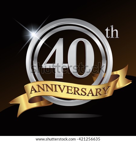 40th anniversary logo, with shiny silver ring and gold ribbon isolated on black background. vector design for birthday celebration.