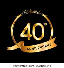 40° Aniversario. Diseño perfecto de plantilla para el evento de celebración del aniversario con cinta y anillo de color dorado, ilustración vectorial