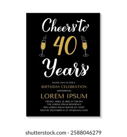 40th Birthday or Anniversary invitation card. Cheers to 40 years. Birthday Party invite. Vector template