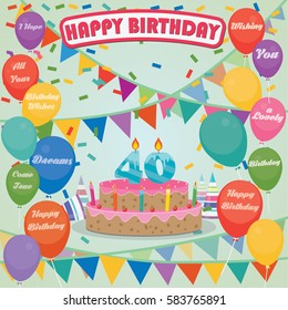 40th Birthday cake and decoration background in flat design with balloons and candles