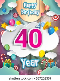 40th Birthday Celebration Greeting Card Design, With Clouds And Balloons. Vector Elements For The Celebration Party Of Forty Years Anniversary