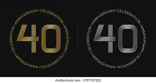 40th birthday. Forty years anniversary celebration banner in golden and silver colors. Circular logo with original numbers design in elegant lines.