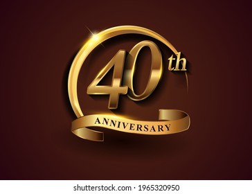 40th golden anniversary logo with gold ring and golden ribbon, vector design for birthday celebration, invitation card.