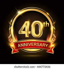 40th golden anniversary logo with ring and red ribbon, vector design.
