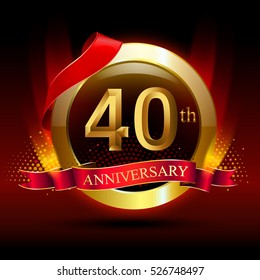 40th golden anniversary logo with ring and red ribbon. Vector design template elements for your birthday celebration.