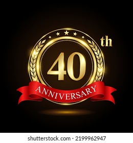 40th golden anniversary logo, with shiny ring and red ribbon, Laurel wrath isolated on black background, vector design