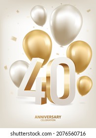 40th Year anniversary celebration background. Golden and silver balloons with confetti on white background with 3D numbers.
