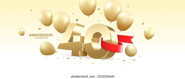 40th Year anniversary celebration background. 3D Golden number wrapped with red ribbon with  confetti and golden balloons.