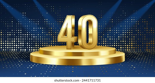 40th Year anniversary celebration background. Golden 3D numbers on a golden round podium, with lights in background.

