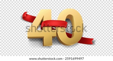 40th Year anniversary celebration background. 3D Golden number wrapped with red ribbon and confetti, isolated on transparent background.
