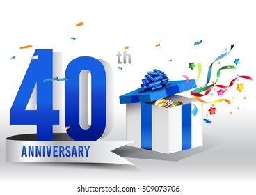 40th years anniversary background with ribbon, confetti and gift on white. Poster or brochure template. Vector illustration.