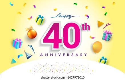 40th Years Anniversary Celebration Design, with gift box and balloons, ribbon, Colorful Vector template elements for your forty birthday celebrating party.