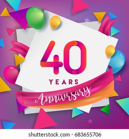 40th Years Anniversary Celebration Design, balloons and ribbon, Colorful design elements for banner, invitation, greeting card your forty birthday celebration party.