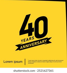 40th years anniversary celebration emblem. black logo isolated with ribbon on yellow background. vector illustration template design for web, flyers, poster, greeting card and invitation card
