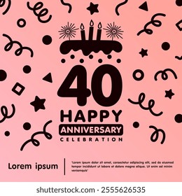 40th years anniversary celebration emblem. Happy anniversary logo isolated birthday cake and candle with confetti line doodle. vector illustration template design for web, flyers, poster, greeting