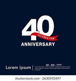 40th years anniversary celebration emblem. elegant anniversary logo isolated with red ribbon on dark blue background. vector illustration template design for web, flyers, poster, invitation card