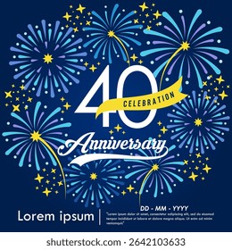 40th years anniversary celebration emblem. congratulations anniversary logo isolated with yellow ribbon and fireworks sparkle on blue background. vector illustration template design for web banner