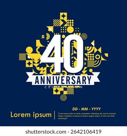 40th years anniversary celebration emblem. congratulations anniversary logo isolated with ribbon and fireworks sparkle on blue background. vector illustration template design for web banner