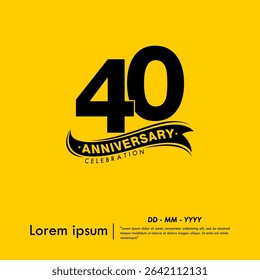40th years anniversary celebration emblem. black logo isolated with ribbon on yellow background. vector illustration template design for web, flyers, poster, greeting card and invitation card