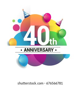40th years anniversary logo, vector design birthday celebration with colorful geometric, Circles and balloons isolated on white background.