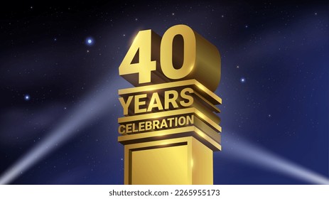 40th Years Celebration, 3D Gold Statue with Spotlights, Luxury Hollywood Light, Vector Illustration