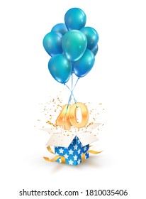 40th years celebrations. Greetings of forty anniversary isolated vector design elements. Open textured gift box with numbers and flying on balloons