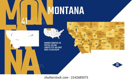 41 of 50 states of the United States, divided into counties with territory nicknames, Detailed vector Montana Map with name and date admitted to the Union, travel poster and postcard