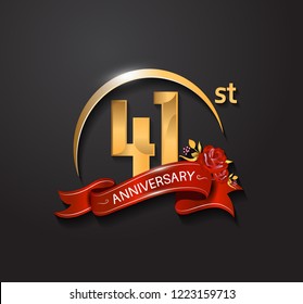 41 anniversary design logotype with golden swoosh, red ribbon and red rose. Vector template for use in celebration company event, greeting card, and invitation card