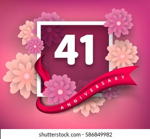 41 anniversary invitation card. Vector invitation card or Anniversary emblems template design. Design with abstract background and elegant frame with ribbon decorated and 3d flowers.