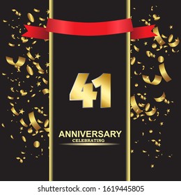 41 anniversary logo with confetti golden colored and red ribbon isolated on black background, vector design for greeting card and invitation card