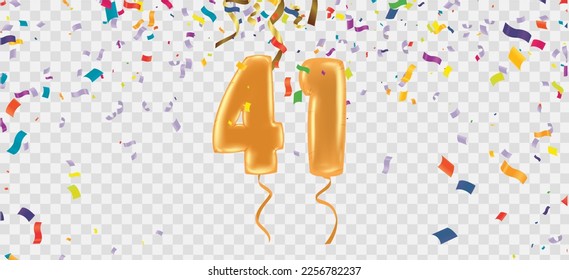 41 birthday Happy birthday, congratulations poster. Balloons numbers with sparkling confetti ribbon, glitter bright