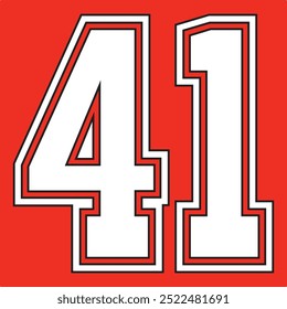 41 Classic Vintage Sport Jersey Uniform numbers in black with a black outside contour line number on white background for American football, Baseball and Basketball or soccer for shirt