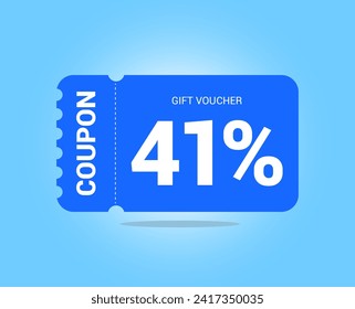 41% coupon promotion sale. Forty one percent Vector Gift Voucher. Blue discount, lucky ticket, special offer promo. Web, shopping label, percent sign. Special price offers.