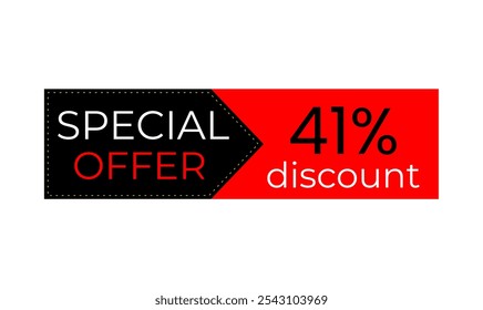 Banner de 41% desconto. Banner preto e vermelho. Marca de oferta. Promoções de compras, vendas comerciais. Design vetorial. Quarenta e um por cento de desconto.