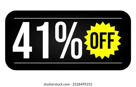 41% discount tag. Black, white and yellow rectangular shape, perfect for marketing promotions, commerce and retail sales