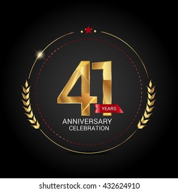 41 golden anniversary logo with red ribbon, low poly design number