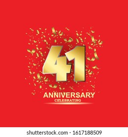 41 golden numbers and Anniversary Celebrating text with golden serpentine and confetti on red background. Vector twentieth anniversary celebration event square template