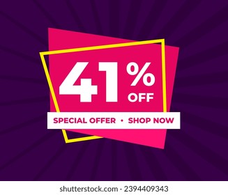 41% off, forty one percent, special offer, shop now. Background Label. Purple and pink. Discount special offer. Banner with offer emblem. Modern concept design. Vector illustration.