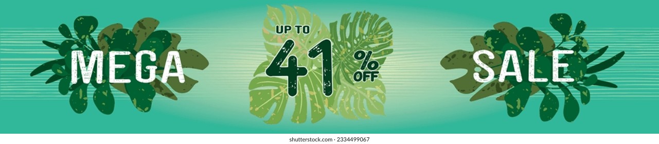 41% off. Horizontal green banner. Summer tropical leaves theme. Advertising for Mega Sale. Up to Forty-one percent discount for promotions and offers.