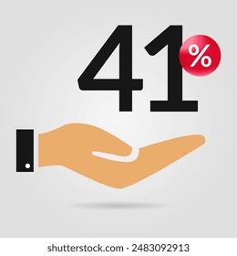 41% off promotion. Forty one percent of discount with hand icon. Sale symbol. Discount creative composition. Vector illustration.