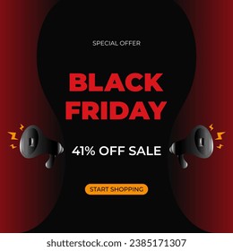 41% off sale Black Friday header with special offer advertising. Forty one. Promotional banner with discount and loudspeakers. Vector illustration.