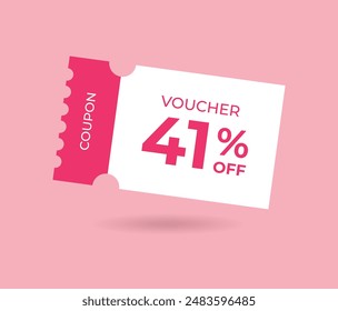 41% off Sale Voucher Coupon. Forty one percent promotion illustration. Tag label, sale banner with discount coupon. Pink Vector gift voucher.