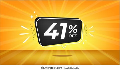 41% off. Yellow banner with forty-one percent discount on a black balloon for mega big sales.