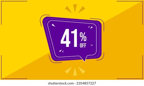 41 percent, forty one percent. Discount banner shape. Sale coupon purple bubble icon. Special offer badge. Yellow abstract background. Modern concept design. Banner with offer badge. Vector