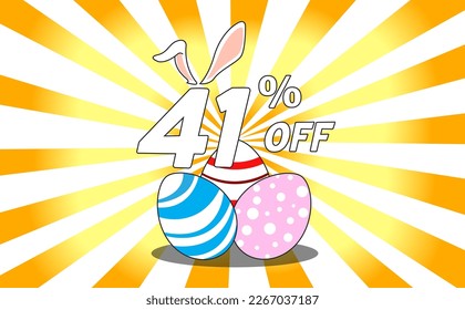 41 percent off. Banner with colorful easter eggs, bunny ears and background with yellow and orange gradient rays